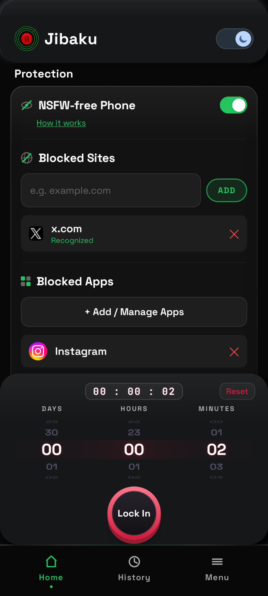 Jibaku app home screen: NSFW-free Phone toggle, blocked sites and apps, and a Lock In timer